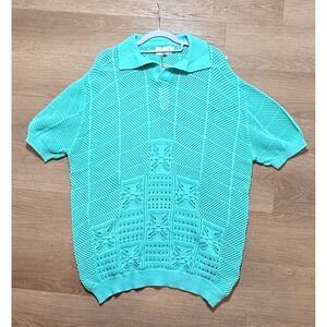 OXKNITSTORE Crochet Knit Polo Mens 2XL Turquoise NWT Short Sleeve Open Weave 70s
